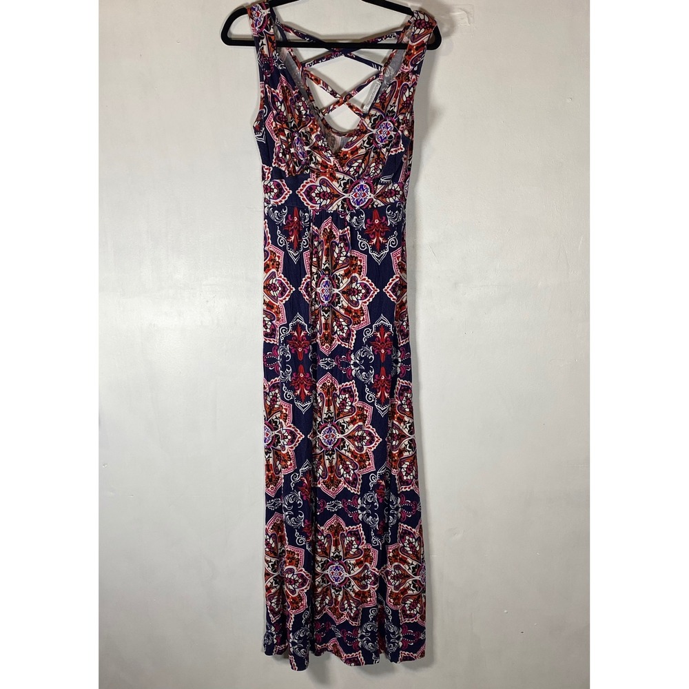 Loveappella Lauryn Medallion Print Crisscross Back Maxi Dress Small Boho Artsy